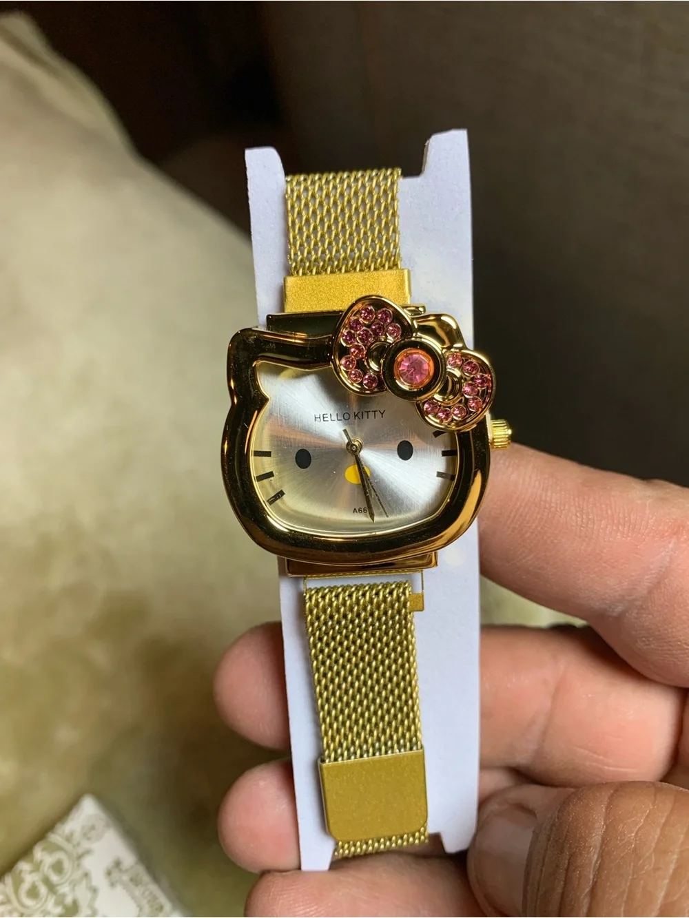 Hello Kitty Gold Mesh Watch with Pink Crystal Bow
